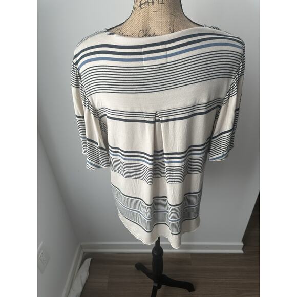 CHASER Striped Keyhole Bell Sleeve Cream Blue Shirt Top Size L - Picture 5 of 6